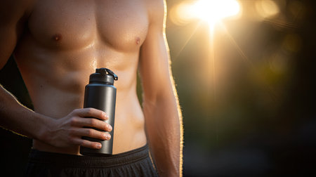 A fit male holds a sleek water bottle while standing outdoors during a golden sunset, radiating confidence and a healthy lifestyle amidst nature.の素材