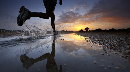 A dynamic image of a runner splashing through a water puddle during sunset. The silhouetted figure symbolizes vitality and energy, embodying the spirit of outdoor exercise.の素材