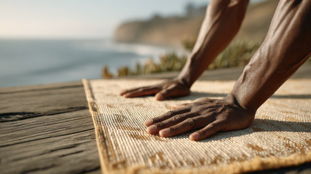 A man practices yoga on a natural surface overlooking the ocean at sunrise, embodying tranquility and wellness amidst a breathtaking landscape.の素材