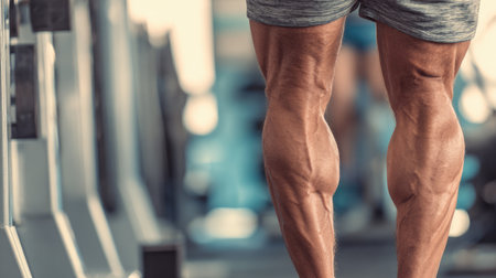 Detailed close-up of strong male legs highlighting muscle definition and veins, emphasizing the effort and dedication involved in a gym workout routine.の素材