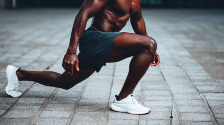An athletic man performing a deep lunge on urban pavement, showcasing strength and balance. This image captures dedication to fitness and health training.の素材