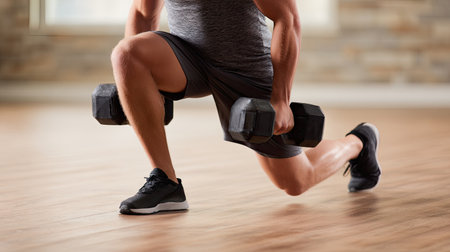 A young man lunges with dumbbells, showcasing his strength and determination in a well-lit gym setting, emphasizing fitness and personal training.の素材