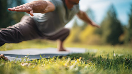 A dedicated athlete demonstrates a yoga pose in a lush green setting, emphasizing fitness and wellness amidst tranquil natural surroundings.の素材