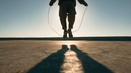 A person jumps with a rope against a bright sunset sky, capturing the essence of urban fitness and active lifestyle in a vibrant and energetic scene.の素材
