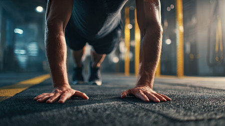 This image captures a male athlete engaged in push-ups within a contemporary gym, highlighting the essence of fitness, strength, and dedication to a healthy lifestyle.の素材