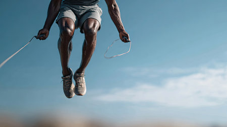 A man engages in a dynamic exercise routine, jumping rope against a bright blue sky, showcasing commitment to fitness and athleticism in an outdoor setting.の素材