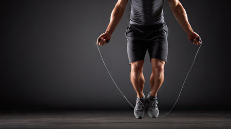 A muscular athlete engages in an intense jump rope workout, showcasing strength and determination in a well-lit indoor environment, emphasizing fitness.の素材