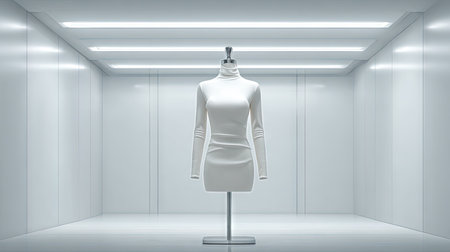 A striking minimalist scene featuring a white garment on a sleek mannequin, set against a modern studio backdrop, highlighting contemporary fashion design.の素材