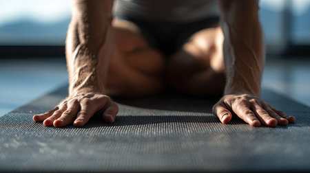 A close-up perspective of hands resting on a yoga mat highlights the dedication to mindfulness and physical fitness in a serene indoor environment.の素材
