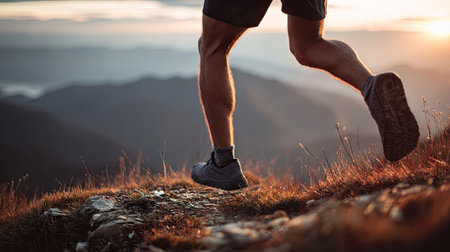 A determined man runs along a rugged mountain trail during a captivating sunset, showcasing the spirit of outdoor adventure and fitness in nature.の素材
