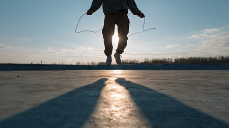 A person engages in skipping rope activity against a stunning sunset backdrop, creating a striking silhouette on a smooth concrete surface.の素材