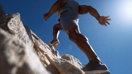 An athlete demonstrates sheer determination while climbing a rocky surface under a clear blue sky. The sunlight enhances the intensity of the outdoor fitness challenge, showcasing the athlete's strength and perseverance.の素材