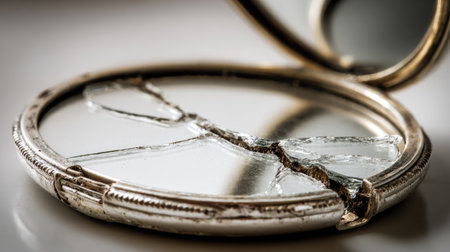 A close-up of a broken antique mirror in a silver casing, showcasing intricate details and a unique texture. The cracks reflect light artistically.の素材