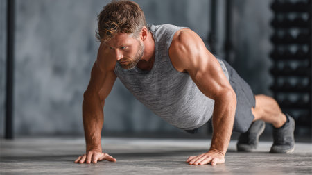 A fit man engages in push-ups in a modern gym setting, showcasing his muscular physique and dedication to fitness. This image captures the essence of strength training, endurance, and the pursuit of a healthy lifestyle through rigorous exercise.の素材