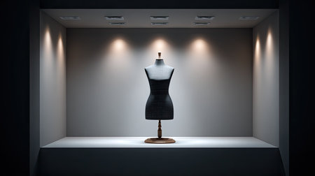A captivating fashion mannequin stands alone in a stylish gallery, illuminated by soft spotlights that accentuate its elegant form and textures, creating a striking visual centerpiece.の素材