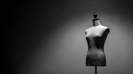 This artistic black and white image features a mannequin elegantly posed against a solid background, highlighting its unique shape and texture. It serves as inspiration for fashion designers and photographers alike.の素材