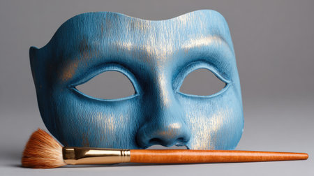 This image features an artistic blue mask with intricate texture alongside a makeup brush, set against a smooth gray background, perfect for creative projects.の素材