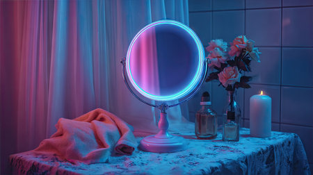 A tranquil beauty setup featuring a stylish mirror with vibrant neon lighting, delicate flowers, a glowing candle, and soft textures creates an intimate atmosphere.の素材