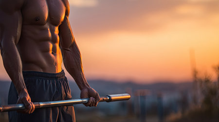 A muscular athlete holding a barbell at sunset, showcasing dedication to fitness and strength training in an outdoor setting. The vibrant colors enhance the motivation.の素材