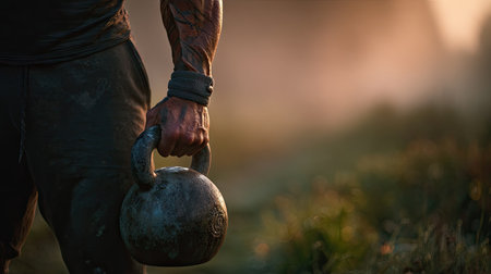 A strong man holds a kettlebell at sunrise, showcasing his muscular physique in a natural setting. Emphasizing fitness, strength, and motivation.の素材