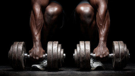 A focused individual prepares for an intense workout, gripping heavy dumbbells in a compelling black background, showcasing strength and dedication.の素材