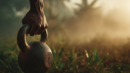 A close-up of a strong hand gripping a kettlebell in a misty outdoor environment during the early morning. The scene captures the essence of fitness and determination.の素材