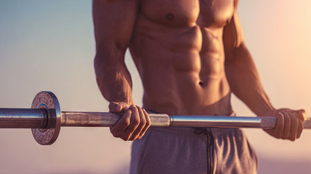 A muscular man demonstrates strength and focus while lifting a barbell against a stunning sunset backdrop. The image captures the essence of fitness and determination.の素材