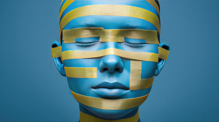 A captivating artistic portrait features a human face painted in striking blue hues and adorned with yellow tape, creating a unique visual experience.の素材