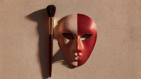This image features a striking artistic makeup mask accompanied by a brush, symbolizing duality and transformation in beauty on a textured background.の素材