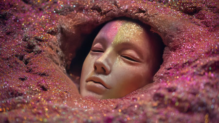This stunning image captures a faceless model resting in a vibrant, sparkly environment, evoking themes of fantasy and beauty. The surreal composition invites reflection.の素材