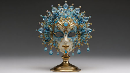 This exquisite Venetian mask features intricate designs adorned with blue gemstones and gold accents, perfect for festive occasions or artistic displays.の素材