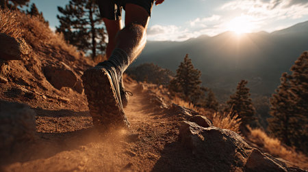 A lone runner strides along a rugged trail at sunset, surrounded by majestic mountains and dust swirling in the warm air, capturing the spirit of adventure.の素材