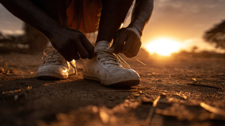 A close-up view of a person's hands tying shoelaces at sunset, showcasing the warm tones of the evening sky and dusty ground, evoking themes of preparation and outdoor adventure.の素材