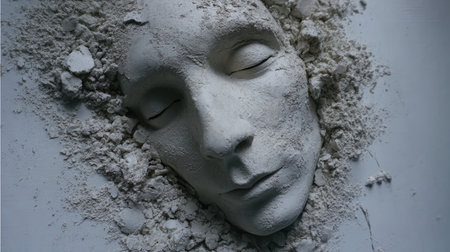 An artistic depiction of a serene face sculpture partially immersed in white powder, showcasing soft features and evoking tranquility and reflection.の素材