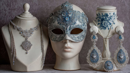 A stunning arrangement of silver and blue jewelry featuring an ornate mask, earrings, and a necklace displayed elegantly on a decorative bust and stand.の素材