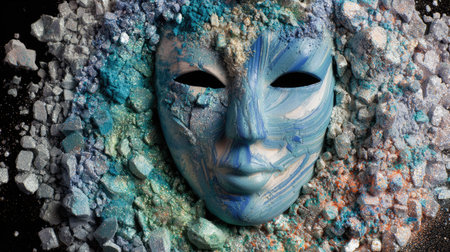 This captivating image features an artistic blue mask surrounded by vibrant powders and crushed materials, creating an intriguing visual composition.の素材