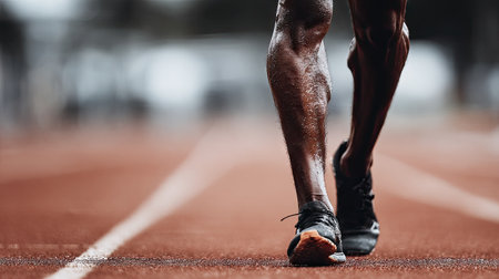 Close-up of an athlete's legs in motion while running on a track, showcasing strength and focus. The dynamic shot captures determination in sports.の素材