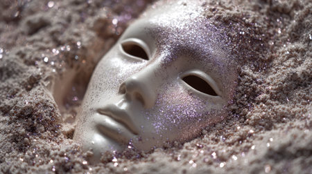 This artistic composition features a glittering mask partially buried in soft sand, creating a surreal and elegant image that evokes mystery and beauty.の素材