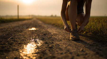 A woman kneels on a dirt path, tying her shoe, illuminated by warm sunlight during sunset, symbolizing preparation and focus in nature.の素材