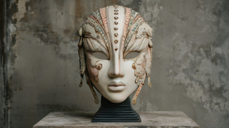 This striking artistic mask sculpture showcases intricate details and unique design elements. It serves as a captivating piece for home decor, providing a touch of elegance and creativity to any space.の素材