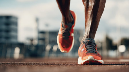 Capture the essence of determination with this close-up of a runner's feet in vibrant athletic shoes, symbolizing energy and motion on a training track.の素材