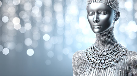 This striking silver mannequin exudes elegance while showcasing exquisite jewelry against a shimmering backdrop, perfect for fashion-focused advertising needs.の素材