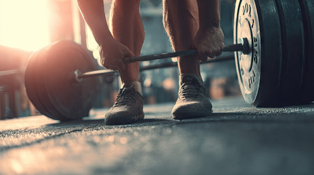 A focused man prepares to lift a heavy barbell in a gym setting, embodying determination and strength. The warm light illuminates the scene, emphasizing his dedication.の素材