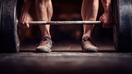 A dedicated athlete prepares to lift a heavy barbell, showcasing strength and focus in a dimly lit gym environment. The image captures the essence of determination and physical prowess during an intense workout session.の素材