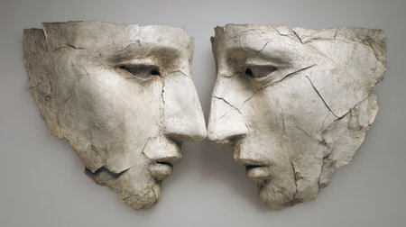 This stunning artwork features two cracked faces, representing duality and reflection. The intricate details and textures evoke deep emotions, inviting viewer interpretation.の素材