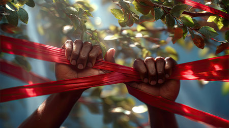 This captivating image features strong hands gripping a vibrant red ribbon intertwined with lush green leaves, symbolizing connection and determination.の素材