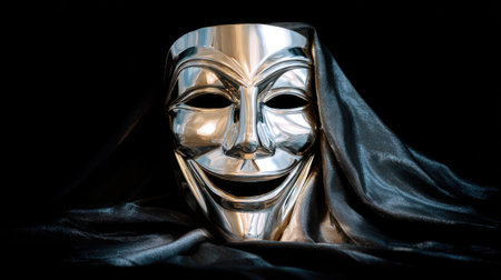 An intriguing shiny metallic mask with a mysterious smile sits gracefully on dark fabric, inviting curiosity and sparking imagination.の素材