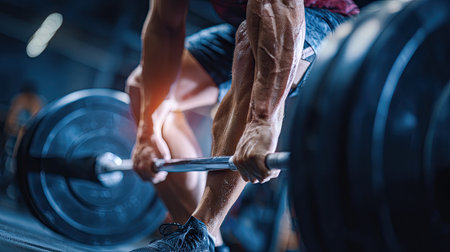 A determined athlete engages in intense weight lifting, showcasing strength and focus while performing a barbell lift in a gym setting.の素材