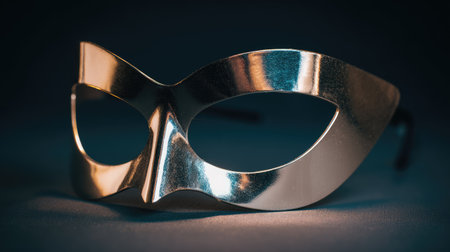 This striking shiny silver phantom mask rests elegantly against a soft blue background, evoking mystery and sophistication perfect for themed events or performances.の素材