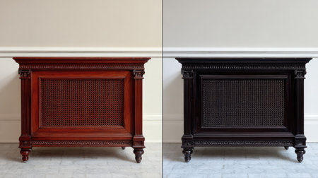 This elegant wooden cabinet features decorative panels and rich finishes, perfect for enhancing any interior space. Ideal for storing items while adding a touch of sophistication.の素材